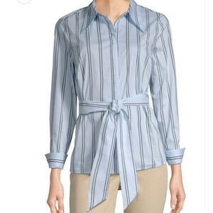 USED Women Worthington Light Blue Striped Collared Button Down Shirt belt XL